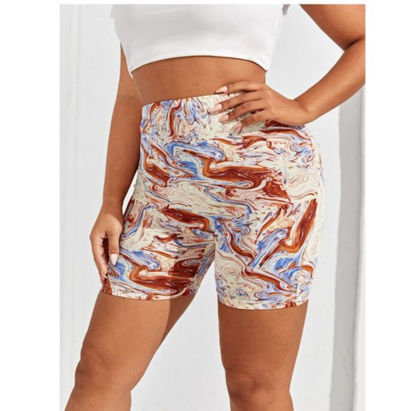 Ivory marble print plus size biker shorts chestnut brown /blue 1X 2X 4X 14 16 20 - Picture 3 of 3